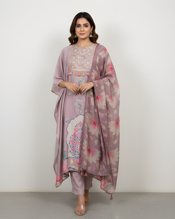 Elegant Floral Muslin Embroidered Semi Stitched Suit with Dupatta