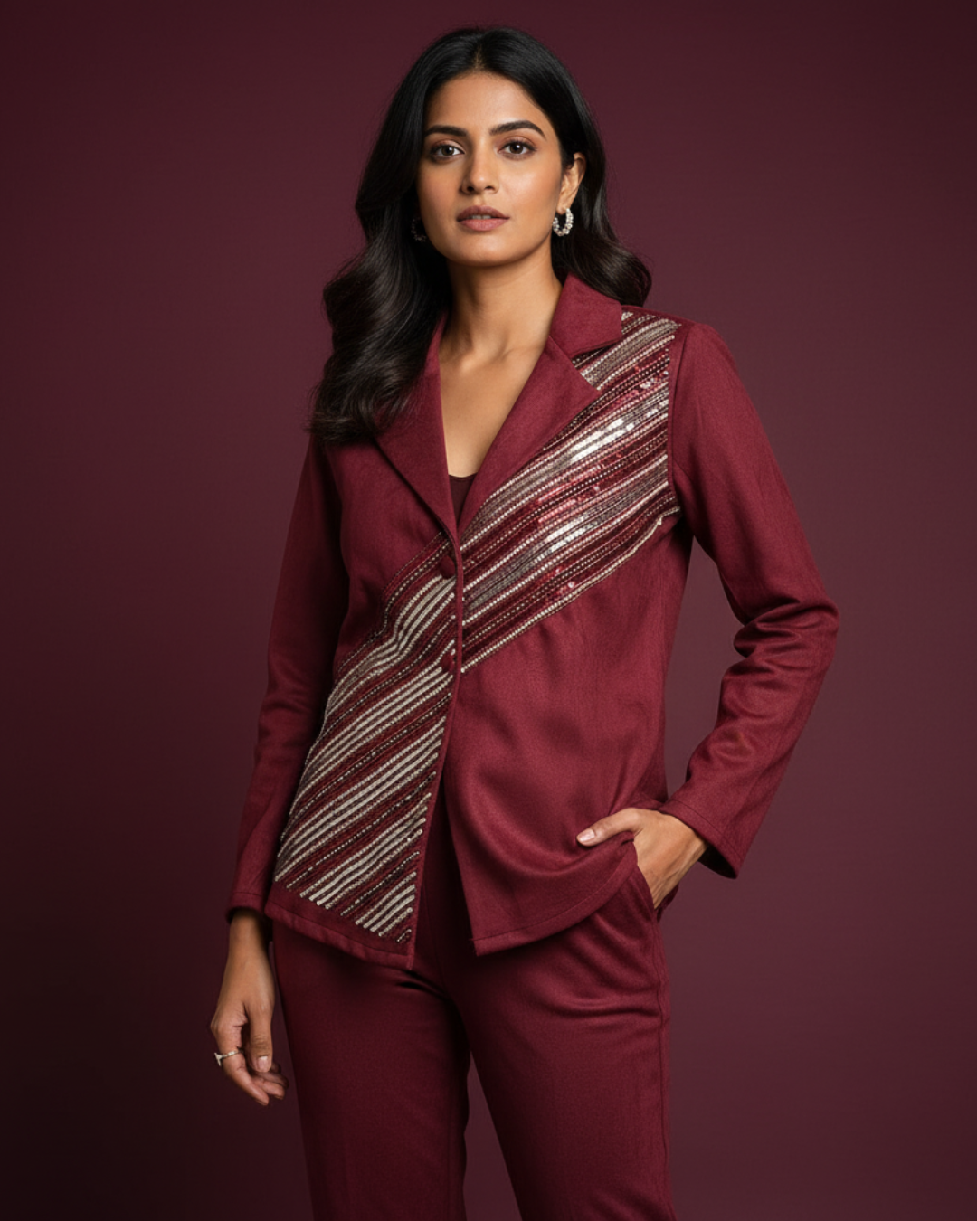 Maroon Suede Blazer & Pants Coord Set
