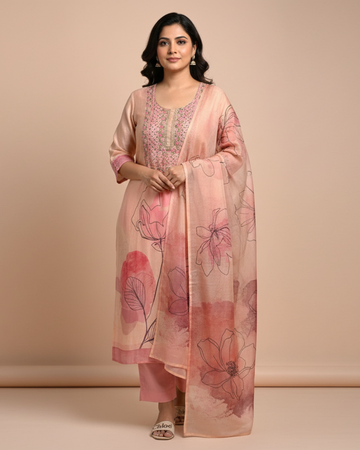 Soft Pink & Beige Chanderi Cotton Unstitched Suit with Embroidered Yoke and Printed Dupatta