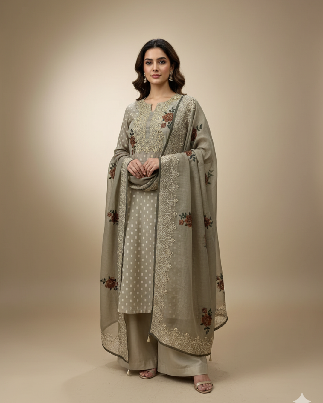 Pista Green Pure Chanderi Unstitched Suit with Embroidered Yoke & Elegant Dupatta