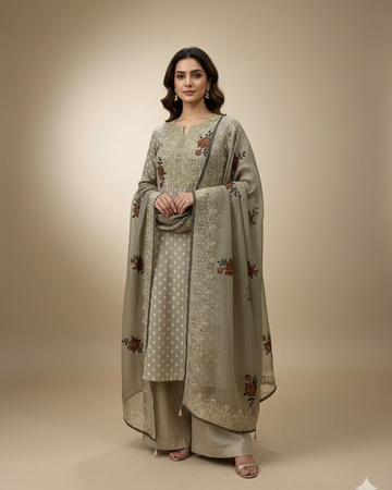 Pista Green Pure Chanderi Unstitched Suit with Embroidered Yoke & Elegant Dupatta