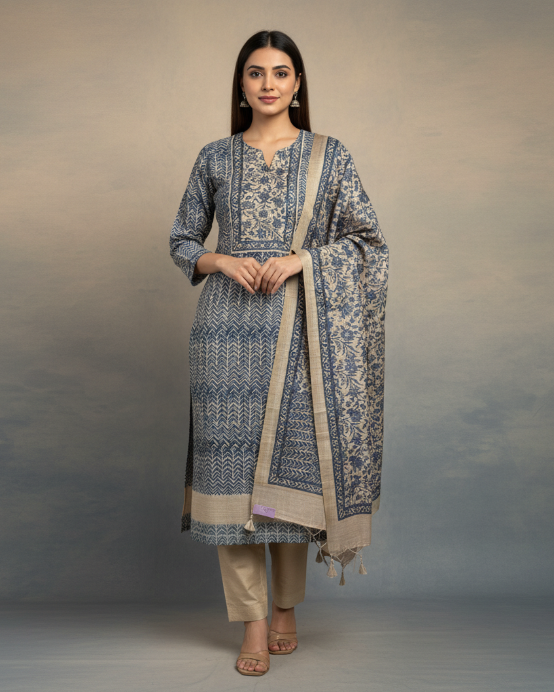 Blue & Fawn Pure Tussar Unstitched Formal Suit