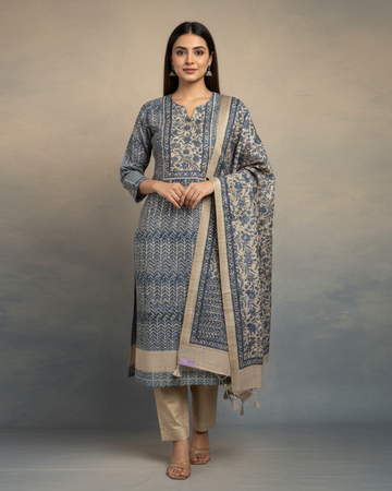 Blue & Fawn Pure Tussar Unstitched Formal Suit