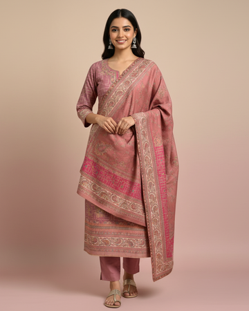 Peach Pink Woolen Kani Weaving Unstitched Suit