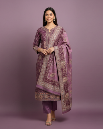 Purple Woolen Kani Weaving Unstitched Suit