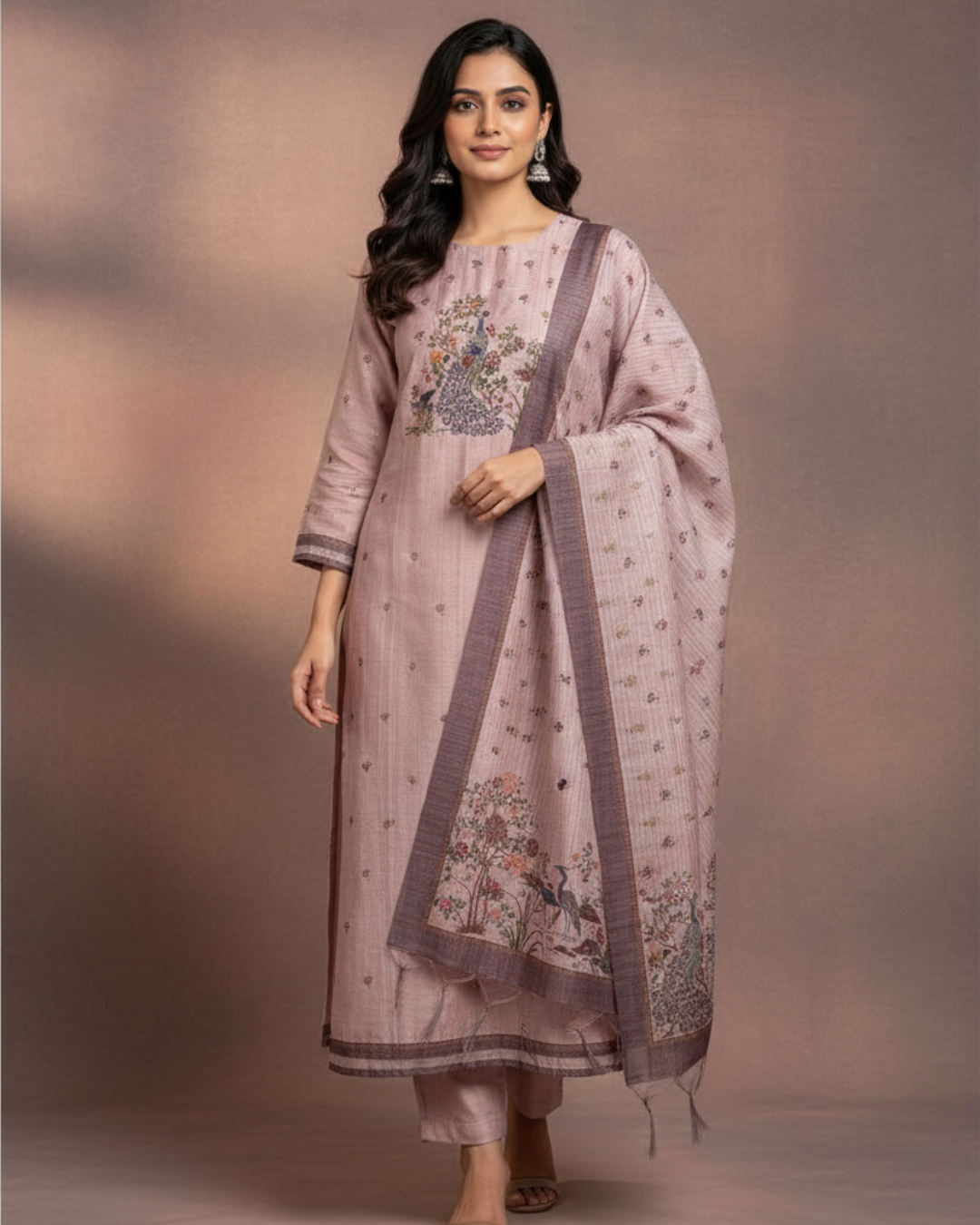 Onion Pink Pure Chanderi Unstitched Suit with Peacock Print