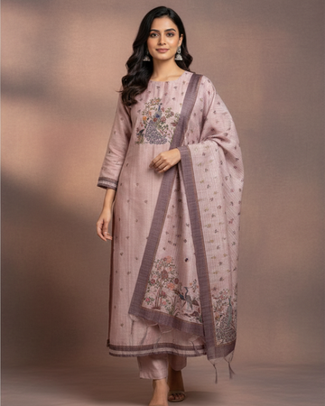 Onion Pink Pure Chanderi Unstitched Suit with Peacock Print