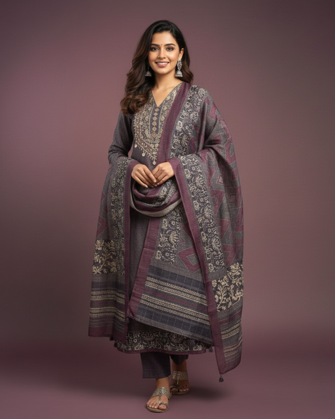 Violet Grey Pure Tussar Unstitched Suit with Handwork and Printed Dupatta