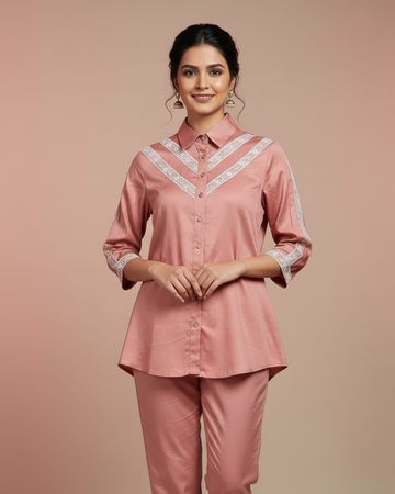 Organic Cotton Peach Shirt with Delicate Lace Accents