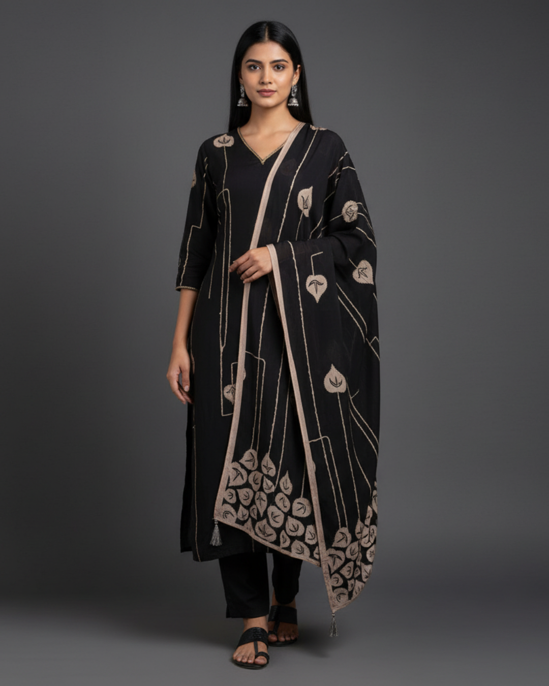 Black Pure Crepe Semi-Stitched Suit with Printed Dupatta