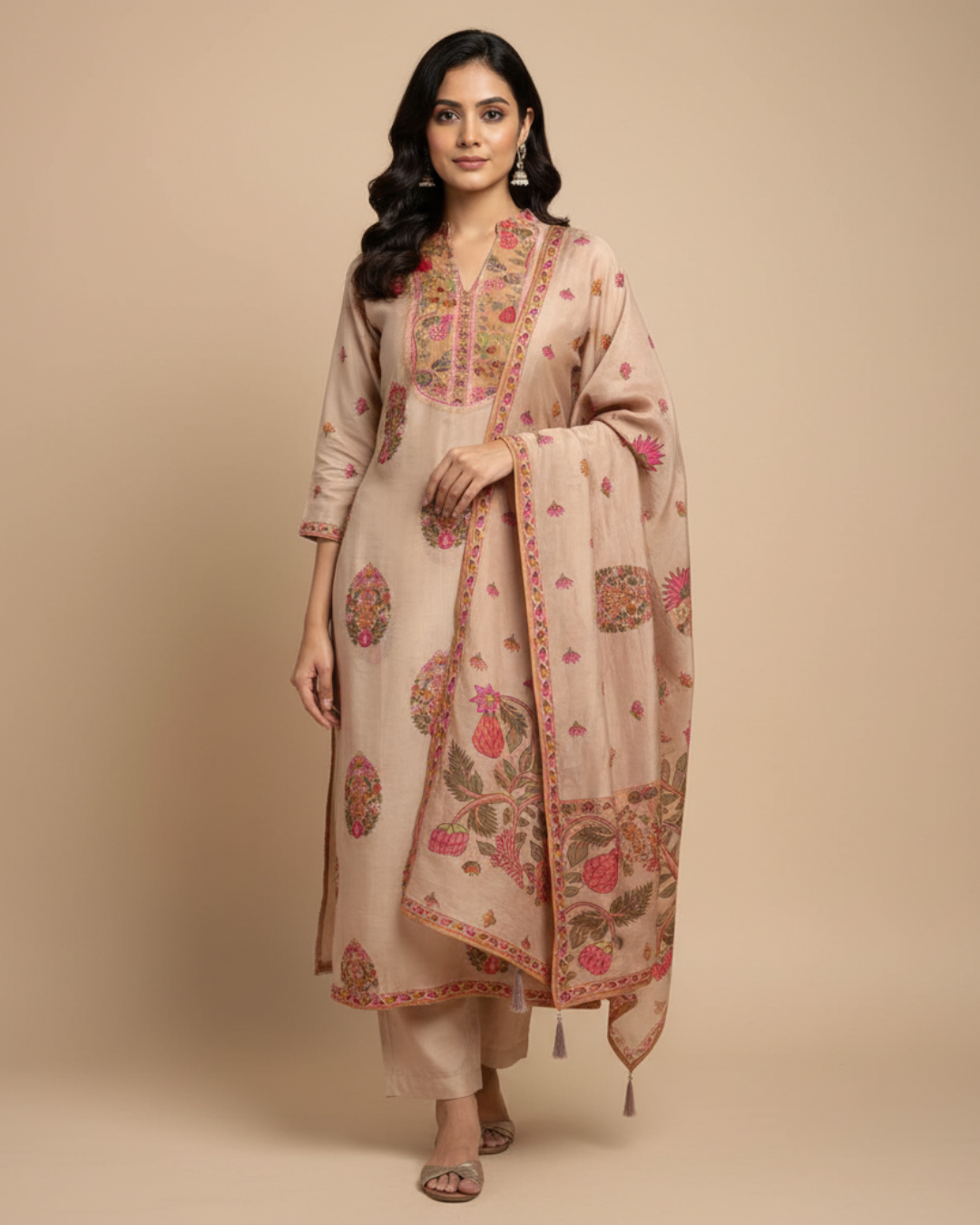 Beige Multicolour Pure Crepe Silk Unstitched Suit with Printed Dupatta