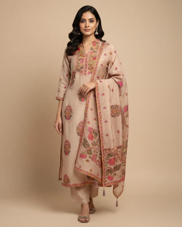 Beige Multicolour Pure Crepe Silk Unstitched Suit with Printed Dupatta