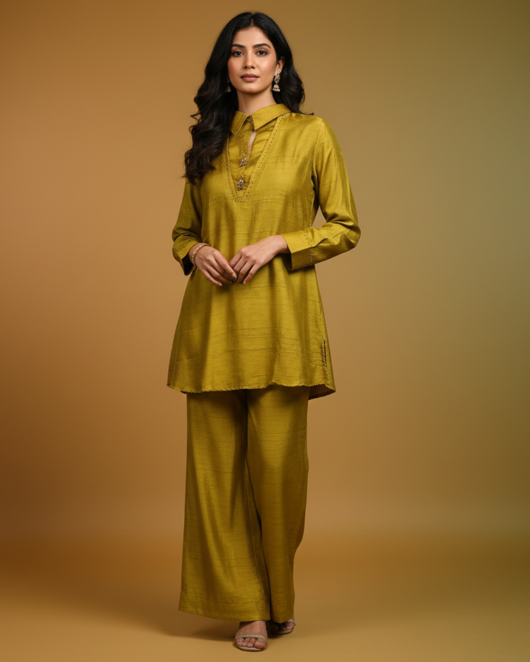 Mustard Cotton Silk Co-ord Set with Collar Neck & Stitched Flare Pants