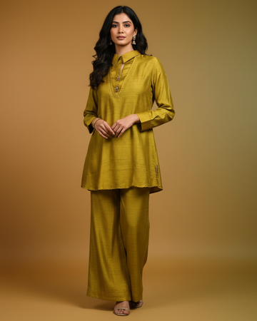 Mustard Cotton Silk Co-ord Set with Collar Neck & Stitched Flare Pants