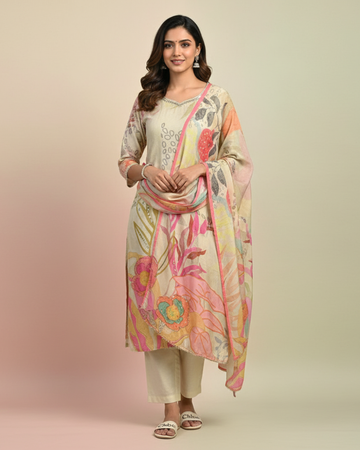 Pastel Yellow Multicolour Muslin Tissue Semi-Stitched Suit