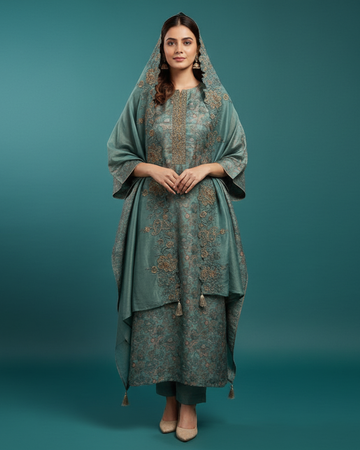 Bluish Green Tussar Silk Unstitched Suit with Thread Work & Hand-Embellished Dupatta