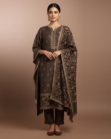 Coffee Colour Pure Pashmina Woollen Unstitched Suit