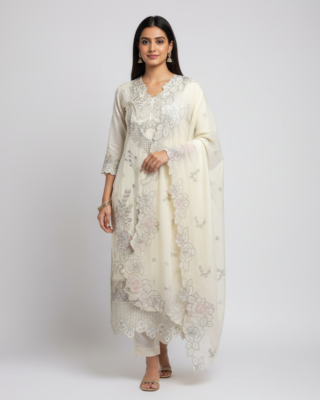 Soft Cotton Pastel Green Unstitched Suit with Floral Thread & Lace Detailing