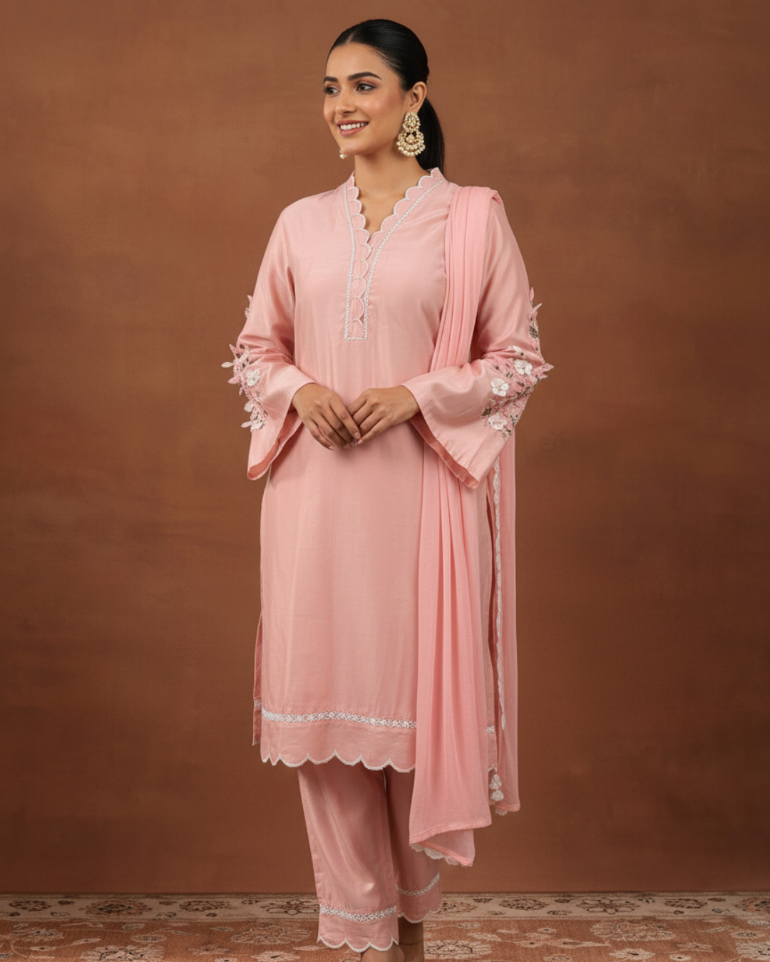 Elegant Light Pink Embroidered Stitched Suit with Lace Dupatta
