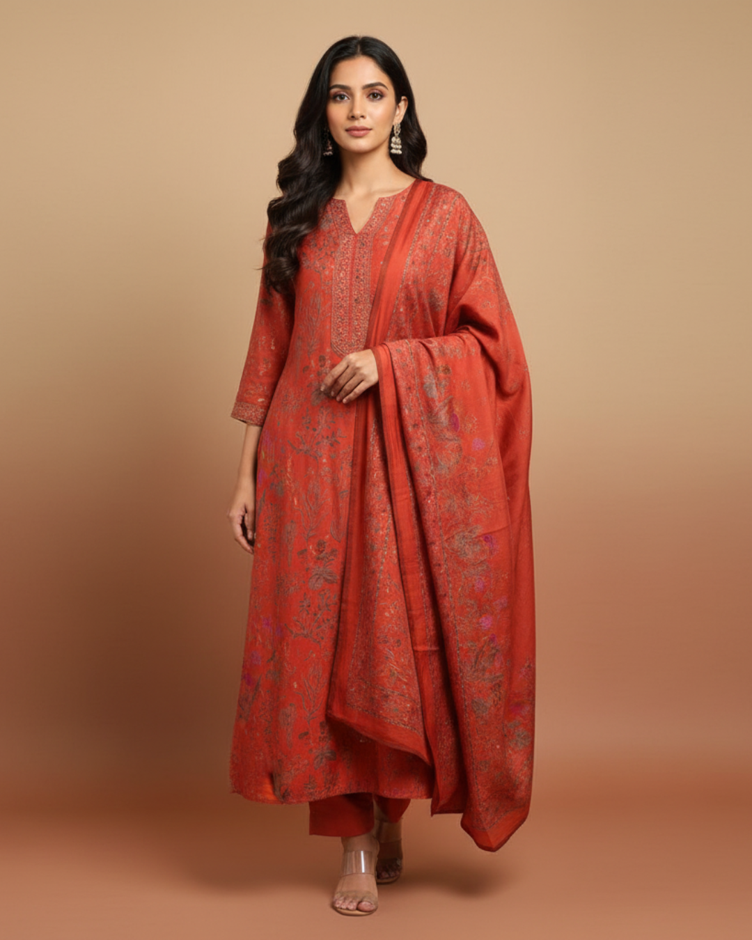 Rust Modal Cotton Unstitched Suit with Printed Dupatta