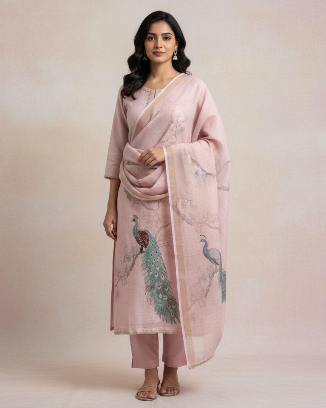 Onion Pink Pure Chanderi Unstitched Suit with Hand-Embellished Peacock Design