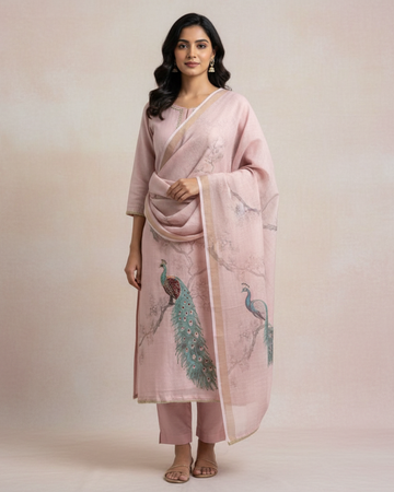 Onion Pink Pure Chanderi Unstitched Suit with Hand-Embellished Peacock Design