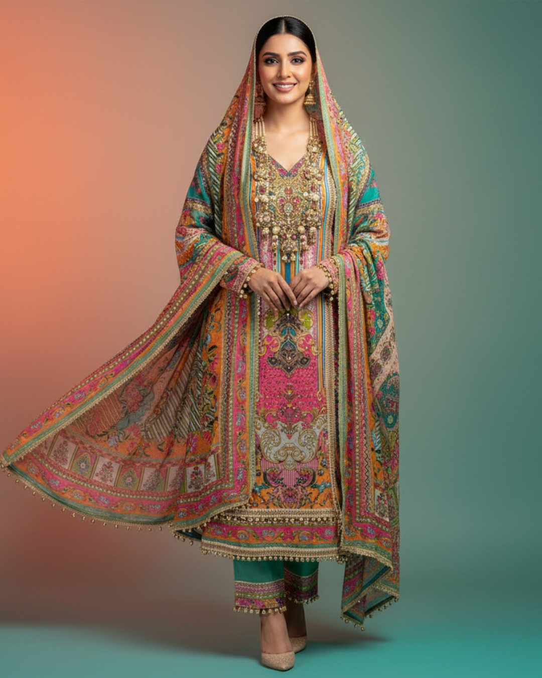 Multi-Coloured Digital Print Pakistani-Style Unstitched Suit