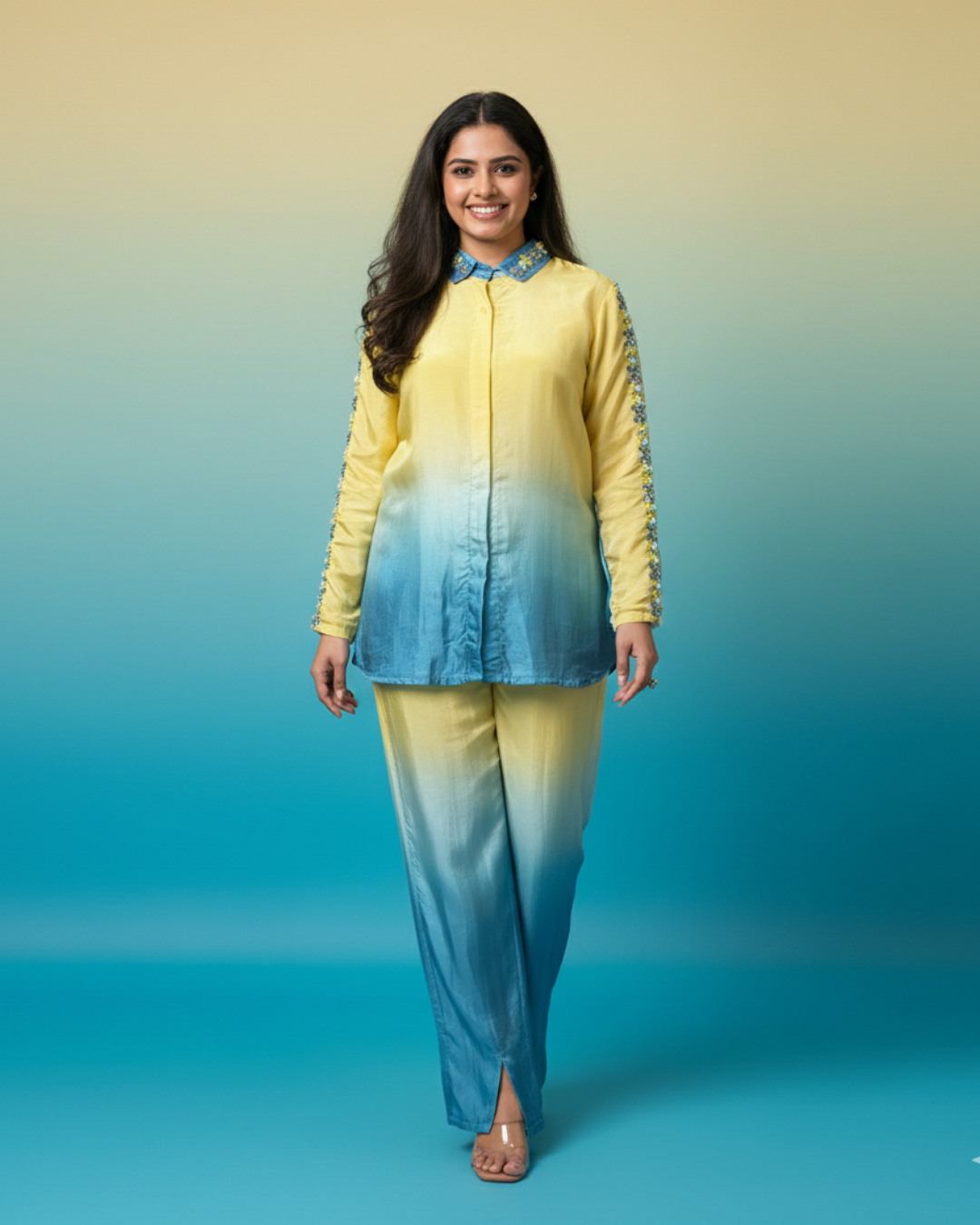 Ombre Yellow & Blue Opara Silk Stitched Shirt with Hand-Embellished Full Sleeves + Stitched Pants