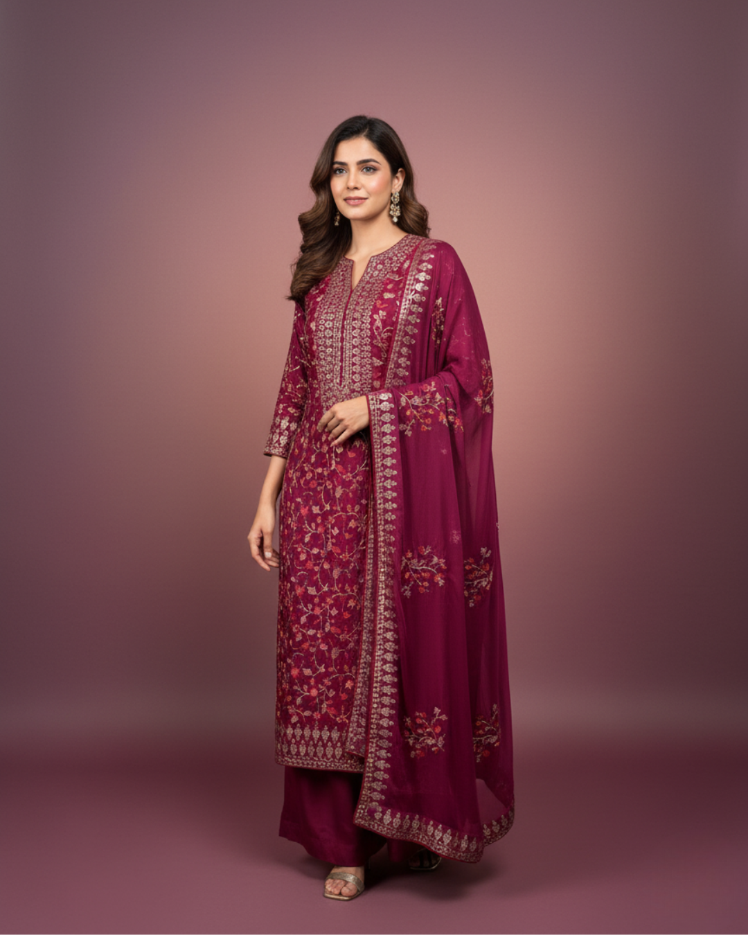 Maroon Crepe Silk Unstitched Suit with Thread Embroidery