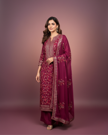 Maroon Crepe Silk Unstitched Suit with Thread Embroidery