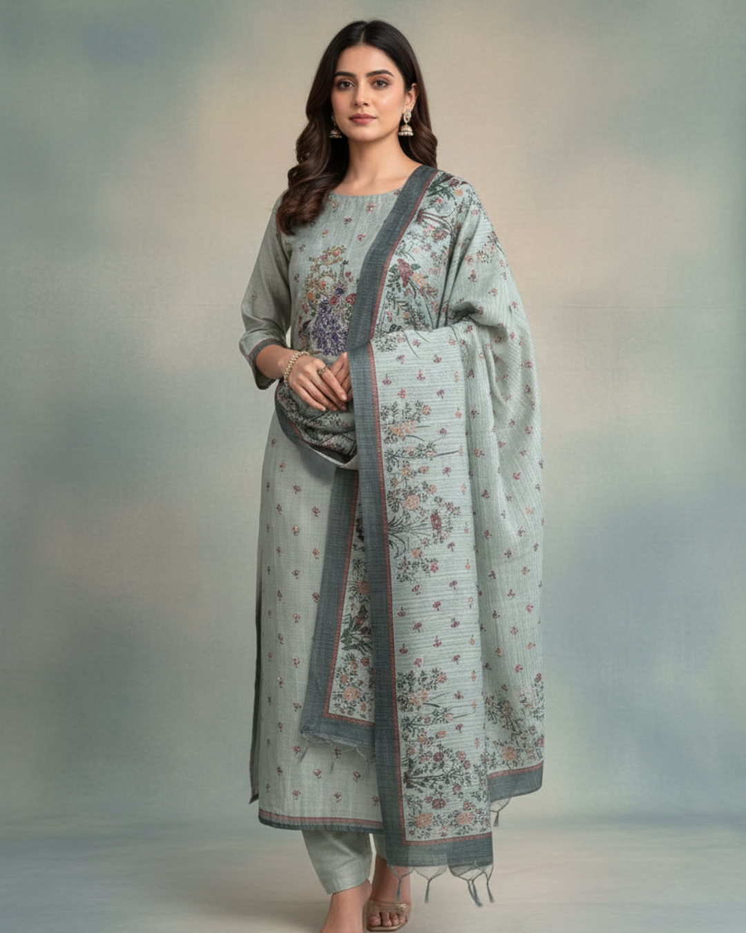 Pista Green Pure Chanderi Unstitched Suit with Peacock Motifs