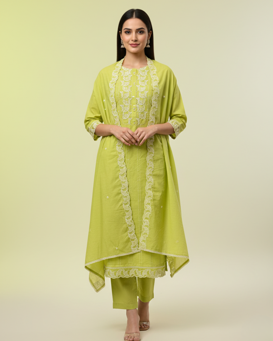 Mul Cotton Neon Green Unstitched Suit with Thread-Work & Dupatta