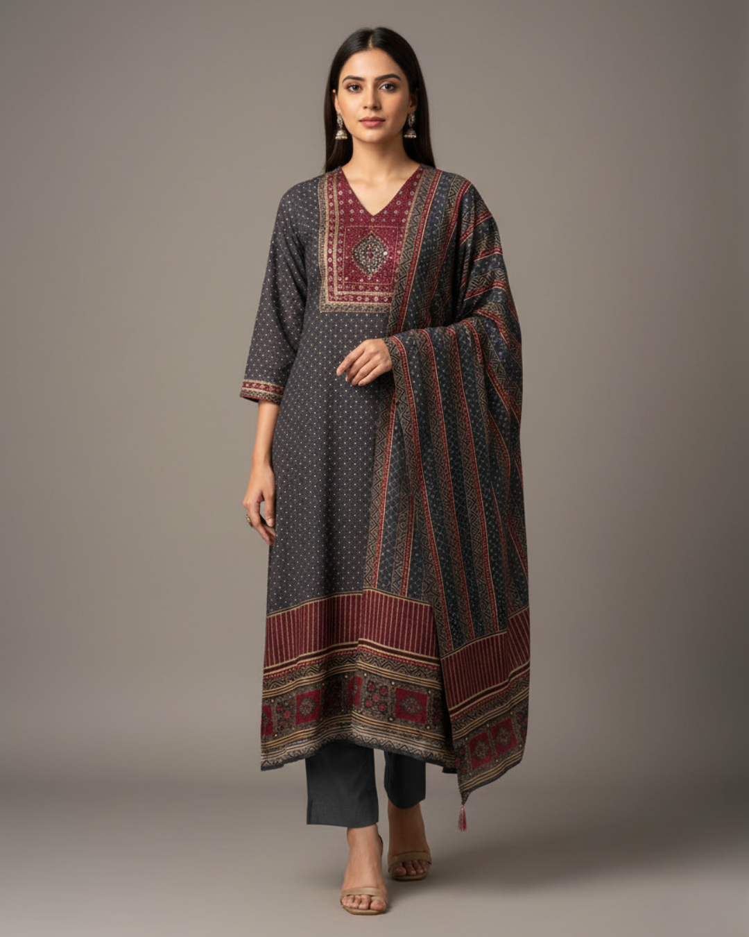 Bluish Grey Pure Crepe Semi-Stitched Suit with Printed Dupatta
