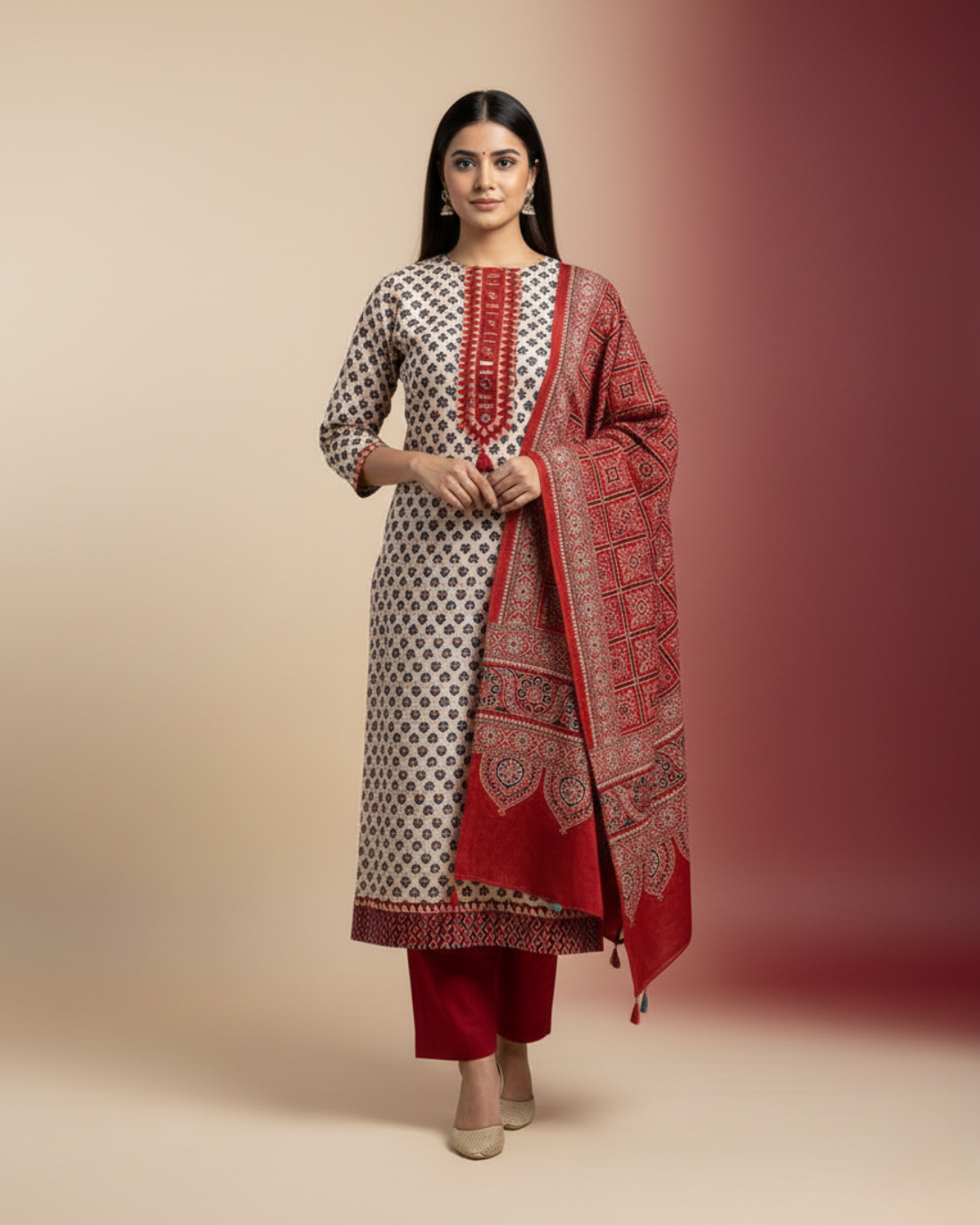 Red Crepe Silk Unstitched Suit with Ajrak Print Dupatta