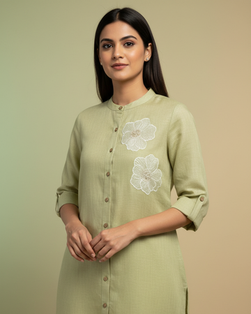 Sea Green Linen Kurta with White Patchwork Detailing
