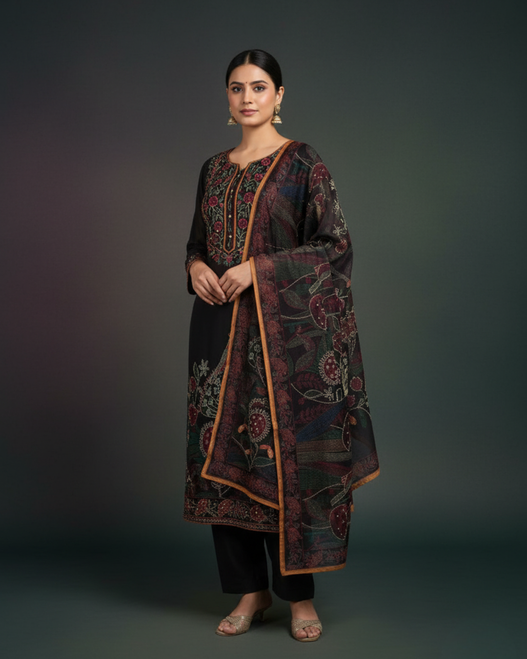 Black Pure Chanderi Unstitched Suit with Kantha Work