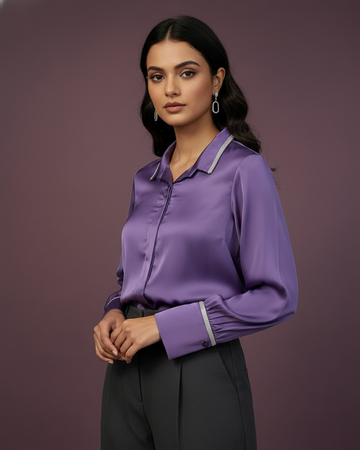 Lavender Satin Shirt with Silver Lace Detailing & Elegant Cuffs