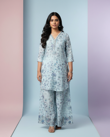 Powder Blue Co-ord Set with Designer Side Flap Bottom