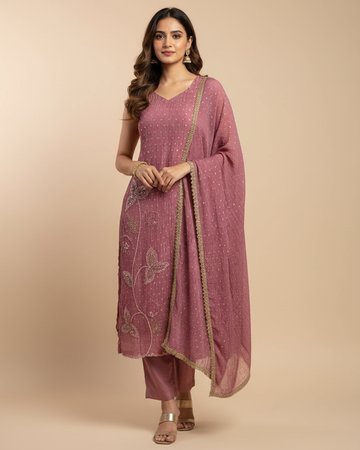 Onion Pink Pure Crushed Tissue Unstitched Formal Suit with Handwork & Lace Dupatta