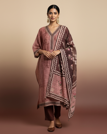 Rose Dust Jamdani Kantha Work Unstitched Suit with Heavy Kantha Dupatta