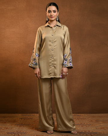 Beige & Gold Opara Silk Co-ord Set (Ready-to-Wear)
