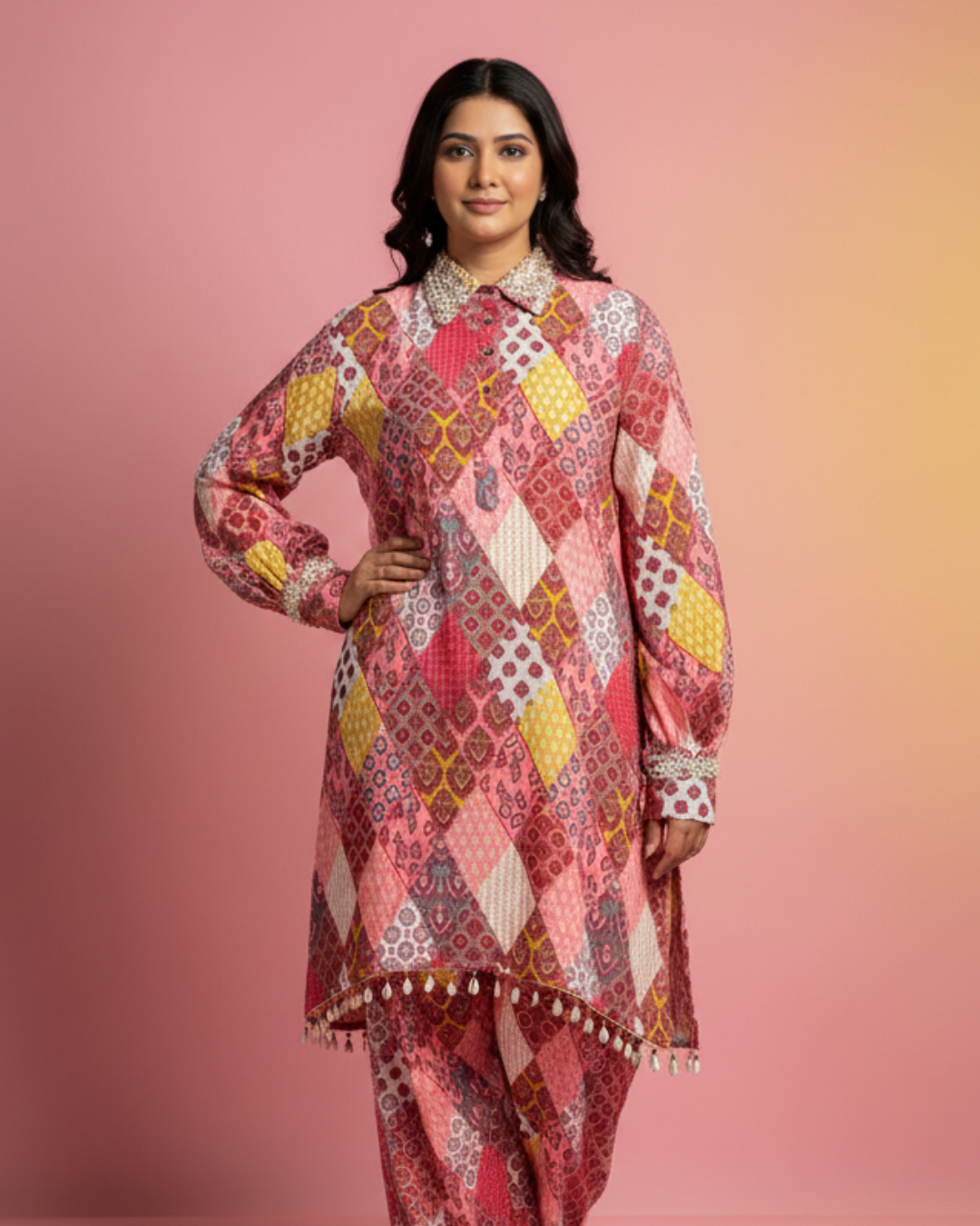 Pure Cotton Co-ord Set with Collar & Cuffs work + Stitched Afghani Pants