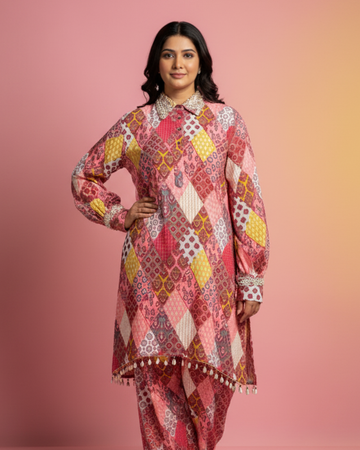 Pure Cotton Co-ord Set with Collar & Cuffs work + Stitched Afghani Pants