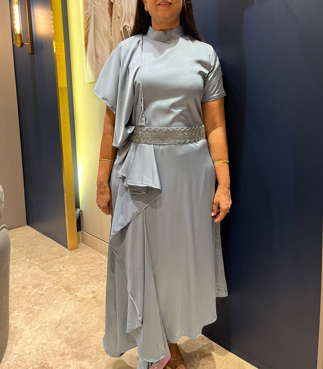 Blue-Grey Crepe Satin Dress with Handworked Belt