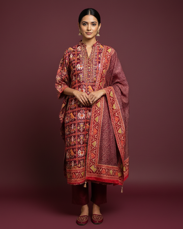Patola Silk Unstitched Suit with Highlighted Neckline