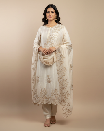 Ivory Pure Tissue Unstitched Suit with Hand Embroidery & Cut Dana Work