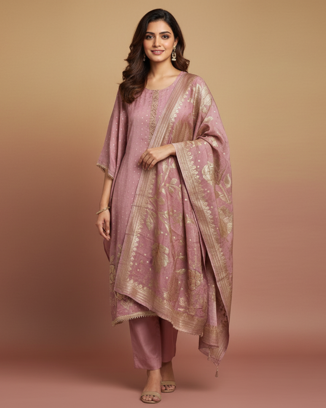 Onion Pink Shimmer Tissue Semi-Stitched Suit with Banarasi Dupatta