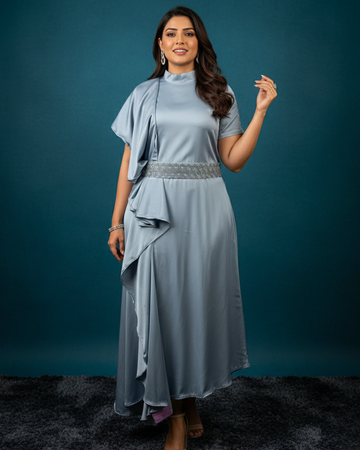 Blue-Grey Crepe Satin Dress with Handworked Belt