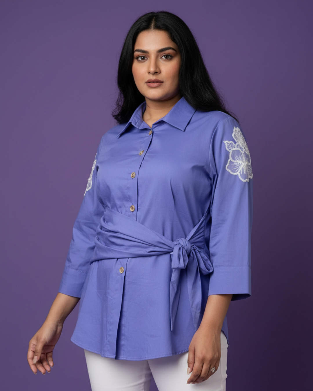Azure Bloom – Blue Embroidered Shirt with Waist Tie