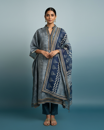 Blue Jamdani Kantha Work Unstitched Suit with Heavy Kantha Dupatta
